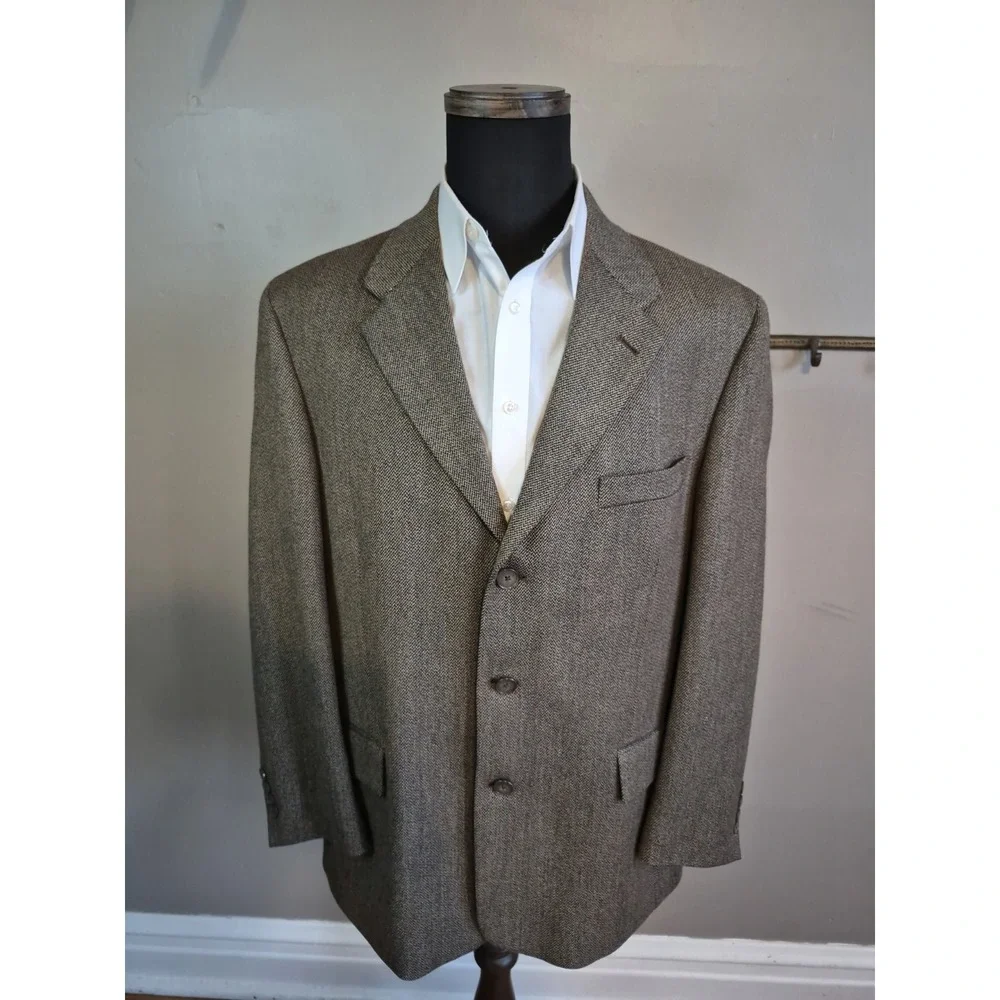 Claiborne Mens Vintage Wool Sport Coat 44R Beige Herringbone 3 Button Blazer